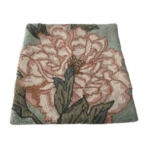 Grandin Road Floral Hooked Wool Throw Pillow Cover Zipper Velvet Flower 17"